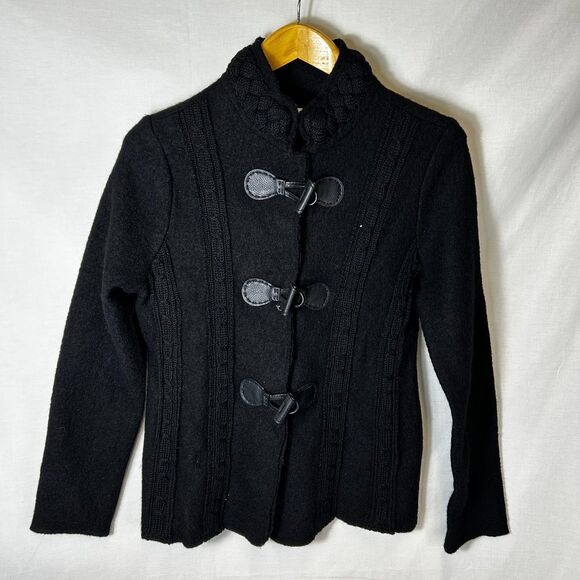 Venario NWT Women's Black Boiled Wool Cable Knit Toggle Cardigan Sweater Sz M - Picture 3 of 15